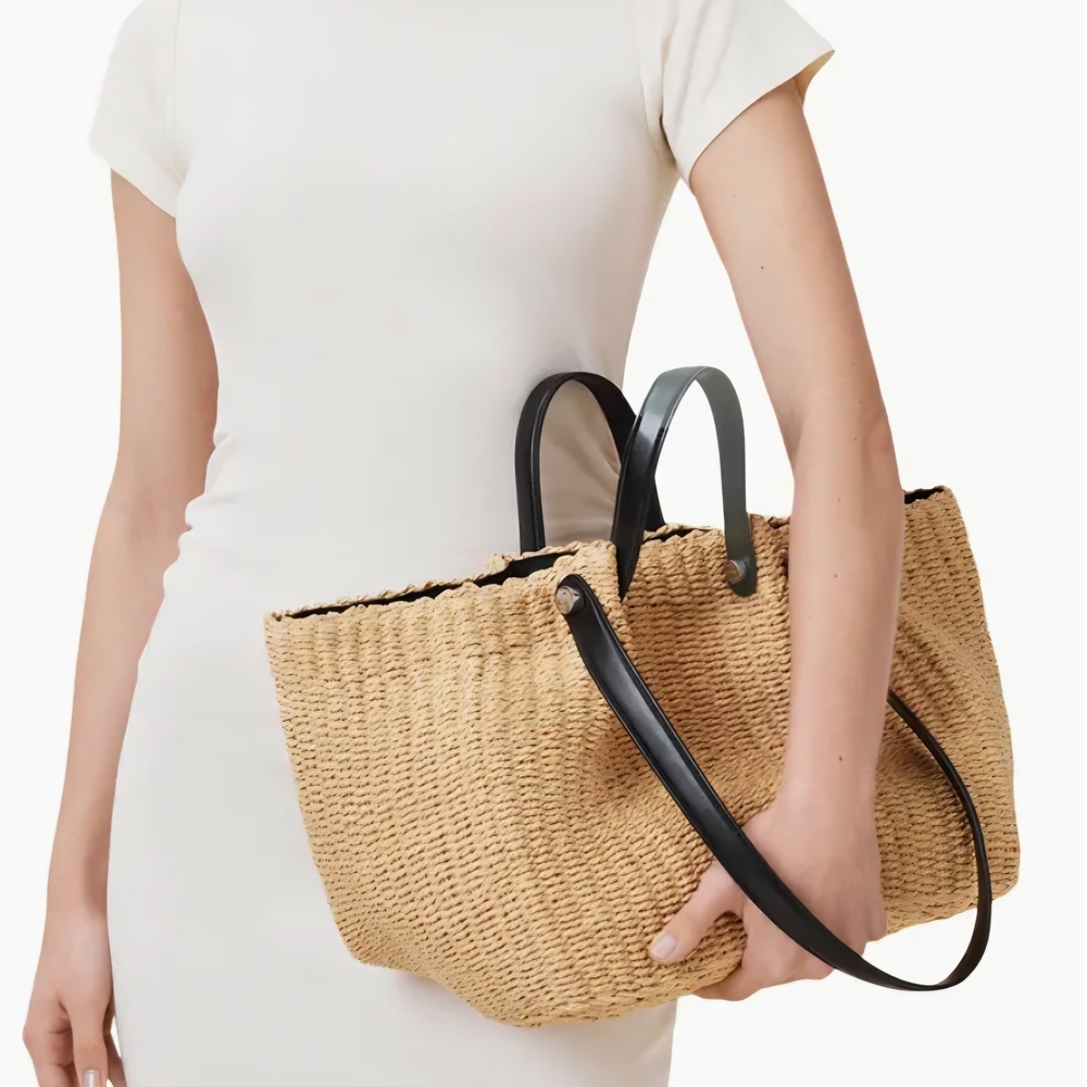 All Saints Tan Woven Tote with Black Straps